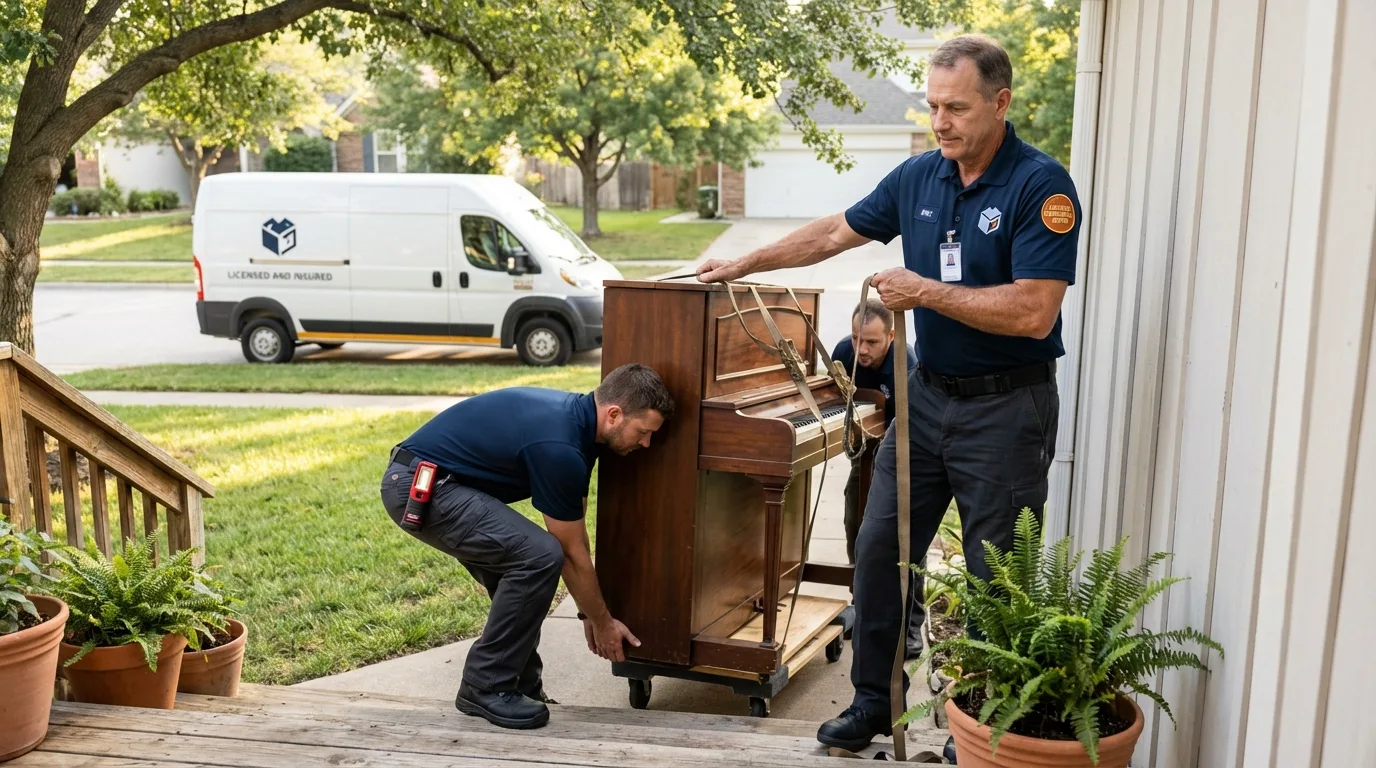 Licensed piano movers securing grand piano in Blue Lake, CA
