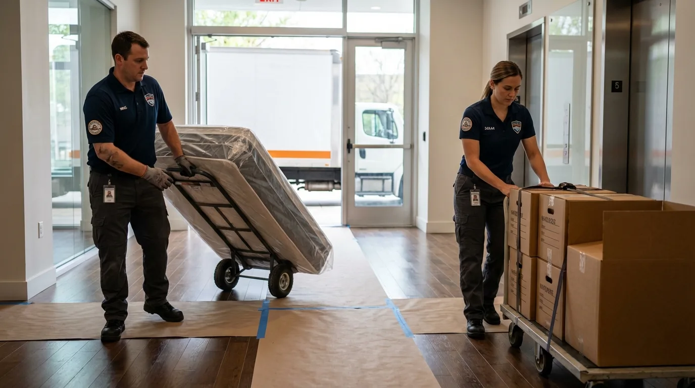Professional apartment movers loading elevator in Blue Lake, CA